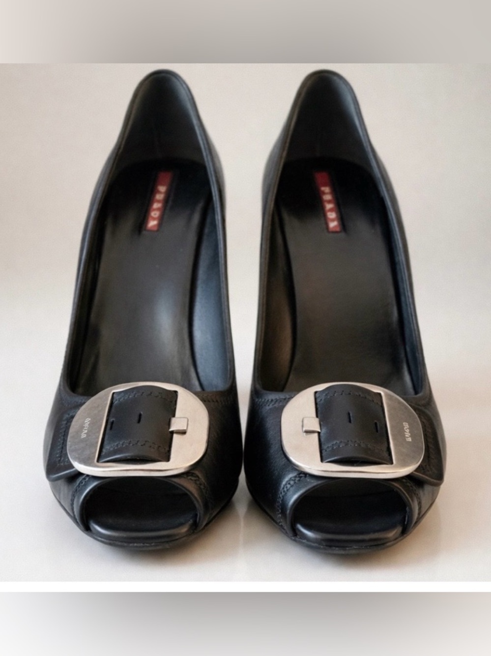 Prada Black Leather Buckle Heels Peep Toe Rare Vintage / EU 41
